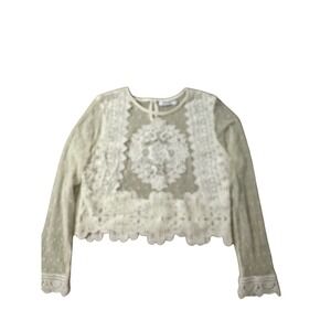 Valleygirl White Sheer Lace Mesh Long Sleeve Crop Top Floral Scalloped Hem Small